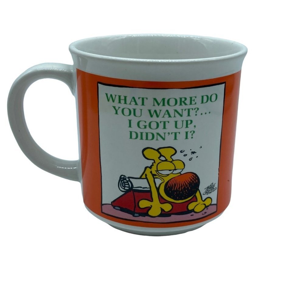 Grimmy Inc. Vintage 1989 Orange White Grumpy Tired Funny Dog Coffee Mug Cup 3.5”